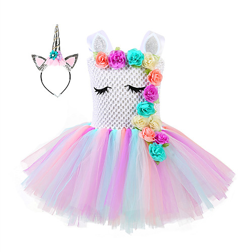 

Princess Unicorn Flower Girl Dress Girls' Movie Cosplay A-Line Slip Vacation Dress Golden Silver Dress Headwear Christmas Halloween Children's Day Polyester