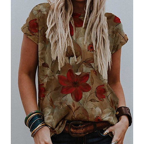 

Women's T shirt Floral Flower Round Neck Tops Basic Top Brown