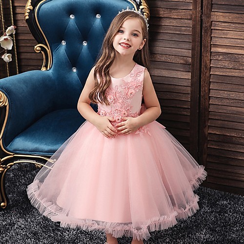 

Princess / Ball Gown Knee Length Party / Wedding Flower Girl Dresses - Tulle Sleeveless Jewel Neck with Bow(s) / Beading / Appliques