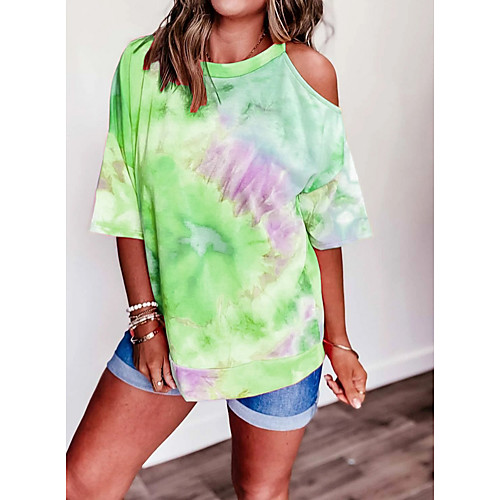 

Women's T-shirt Tie Dye Tops Round Neck Daily Summer Blue Purple Yellow Blushing Pink Green S M L XL 2XL