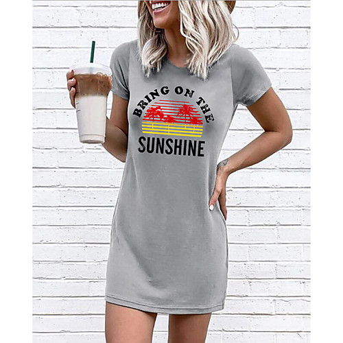 

Women's T Shirt Dress Knee Length Dress - Short Sleeves Letter Summer Casual Chinoiserie 2020 Gray S M L XL XXL