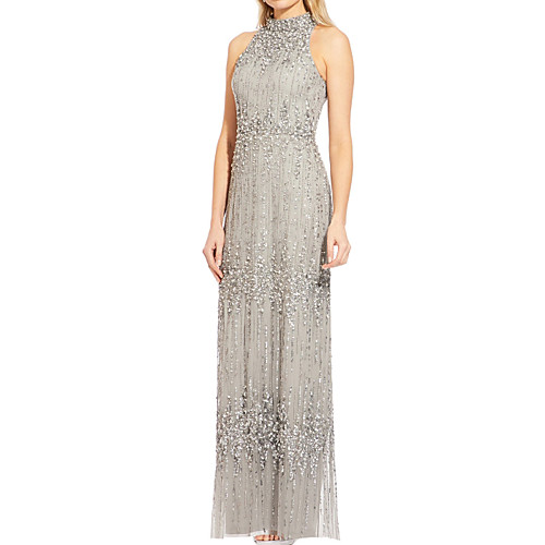

Sheath / Column Mother of the Bride Dress Elegant High Neck Floor Length Chiffon Sleeveless with Sequin Split Front 2020