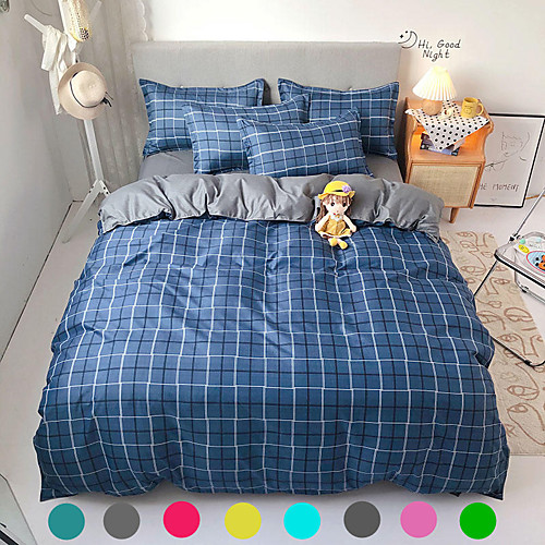 

4 Piece Duvet Cover Set Colorful Grid Geometric Microfiber Quilt Bedding Cover with Zipper Closure, Best Organic Modern Style for Men and Women, Plaid