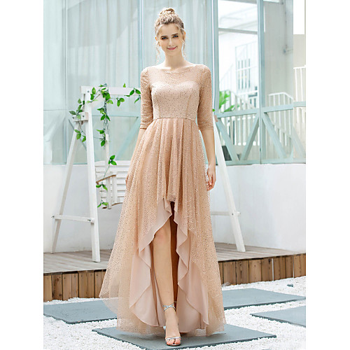 

A-Line Glittering Minimalist Wedding Guest Cocktail Party Dress Jewel Neck Half Sleeve Asymmetrical Tulle with Sequin 2021