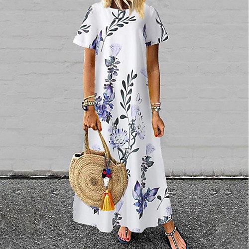 

Women's A-Line Dress Maxi long Dress - Short Sleeves Floral Summer Casual Chinoiserie 2020 White Blue Yellow S M L XL XXL XXXL XXXXL XXXXXL