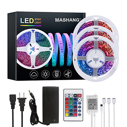 

15M(3x5M) LED Strip Lights RGB Tiktok Lights 900LEDs Flexible Color Change SMD 2835 with 24 Keys IR Remote Controller and 100-240V Adapter for Home Bedroom Kitchen TV Back Lights DIY Deco