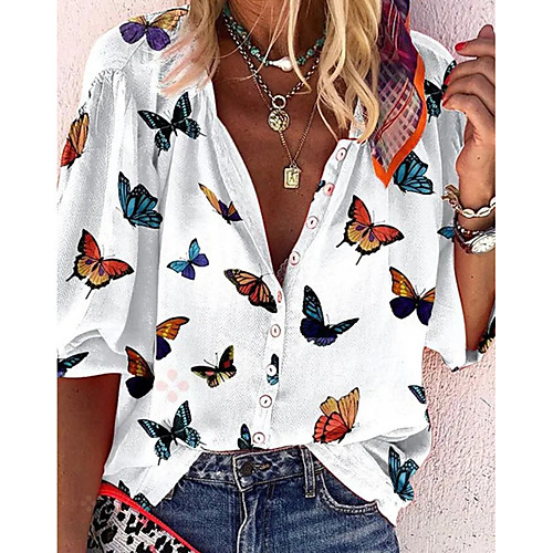 

Women's Shirt Animal Tops Shirt Collar Daily Summer White S M L XL 2XL