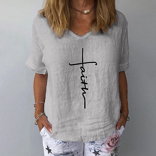 

Women's T-shirt Letter Tops V Neck Daily Summer White Yellow Navy Blue S M L XL 2XL 3XL