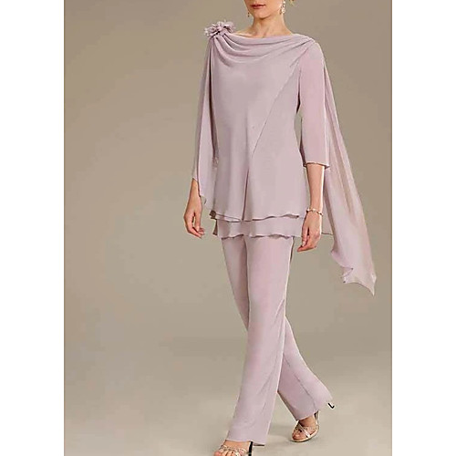 

Pantsuit / Jumpsuit Mother of the Bride Dress Elegant Jewel Neck Floor Length Chiffon Half Sleeve with Ruching Flower 2021