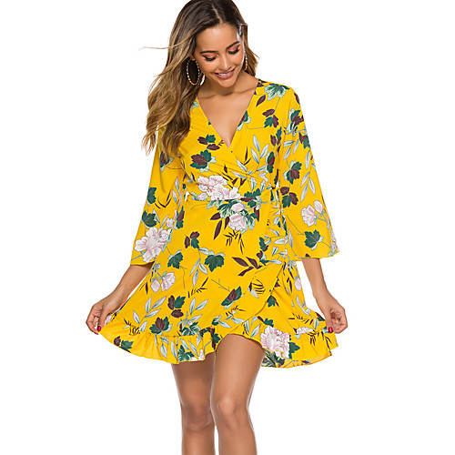 

Women's Sundress Short Mini Dress - 3/4 Length Sleeve Geometric Summer Sexy 2020 Yellow S M L XL