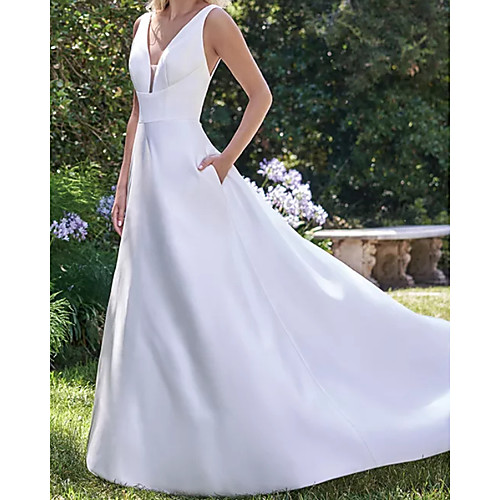 

A-Line Wedding Dresses V Neck Court Train Satin Sleeveless Formal Vintage with 2021
