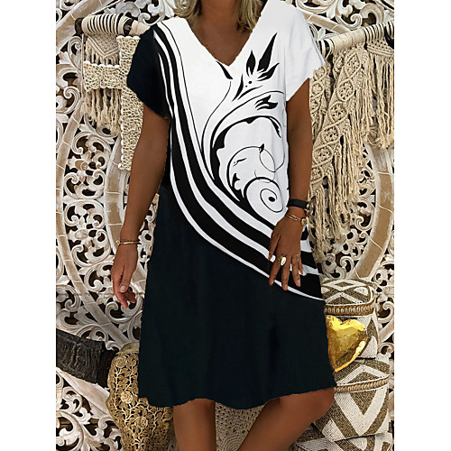 

Women's Shift Dress Knee Length Dress Black Short Sleeve Graphic Print Summer V Neck Hot Casual 2021 M XL 3XL