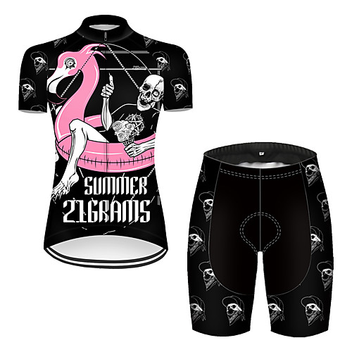 

21Grams Women's Short Sleeve Cycling Jersey with Shorts Nylon Polyester Black / Red Flamingo Animal Skull Bike Clothing Suit Breathable 3D Pad Quick Dry Ultraviolet Resistant Reflective Strips Sports