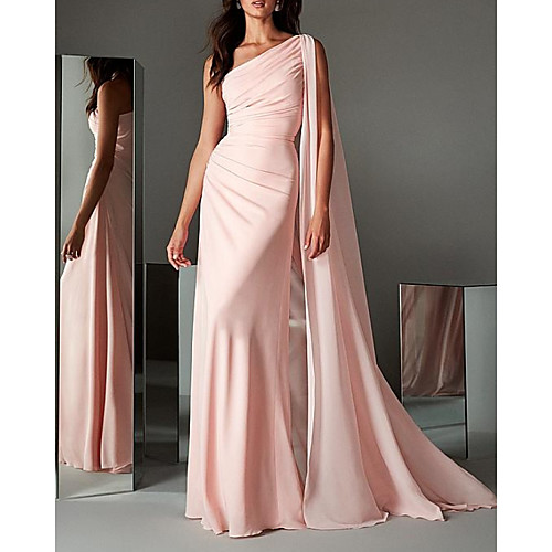 

Sheath / Column Minimalist Elegant Engagement Formal Evening Dress One Shoulder Sleeveless Sweep / Brush Train Chiffon with Sleek 2021