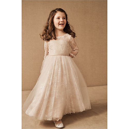 

Princess / A-Line Knee Length Wedding / Party Flower Girl Dresses - Satin / Tulle Long Sleeve Jewel Neck with Pleats / Solid