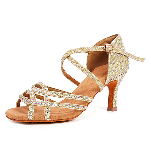 

Women's Latin Shoes Ballroom Shoes Salsa Shoes Line Dance Heel Rhinestone Buckle Flared Heel Black Gold Silver Buckle