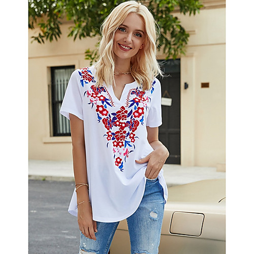 

Women's Tops Geometric T-shirt V Neck Daily Summer Wine White S M L XL 2XL