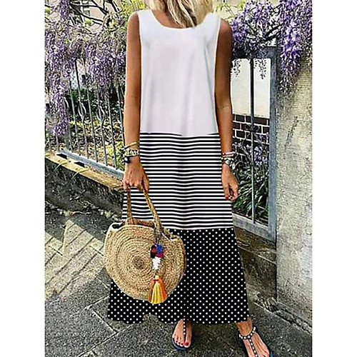 

Women's A-Line Dress Maxi long Dress - Sleeveless Polka Dot Stripes Summer Casual Boho Daily Holiday 2020 White M L XL XXL XXXL