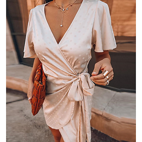 

Women's Sheath Dress Knee Length Dress - Short Sleeves Solid Color Summer Casual 2020 Beige S M L XL