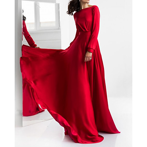

A-Line Elegant Beautiful Back Engagement Formal Evening Dress Jewel Neck Long Sleeve Sweep / Brush Train Satin with Pleats 2020