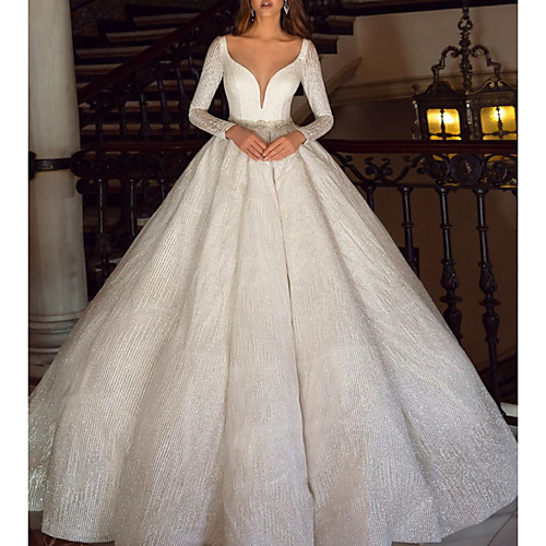 

Ball Gown A-Line Wedding Dresses Scoop Neck Sweep / Brush Train Satin Tulle Long Sleeve Formal with Beading 2020