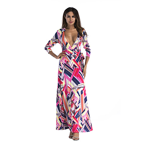

Women's Sheath Dress Maxi long Dress - 3/4 Length Sleeve Geometric Summer Fall Casual Sexy 2020 Fuchsia S M L XL