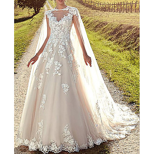 

A-Line Wedding Dresses Jewel Neck Sweep / Brush Train Lace Tulle Cap Sleeve Formal Sexy Backless Cape with Embroidery Appliques 2021