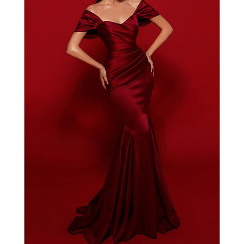 

Mermaid / Trumpet Elegant Vintage Engagement Formal Evening Valentine's Day Dress Scoop Neck Short Sleeve Sweep / Brush Train Imitation Silk with Sleek 2021