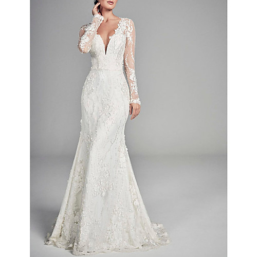 

A-Line Wedding Dresses V Neck Sweep / Brush Train Lace Tulle Long Sleeve Formal Sexy Backless Illusion Sleeve with Embroidery 2020