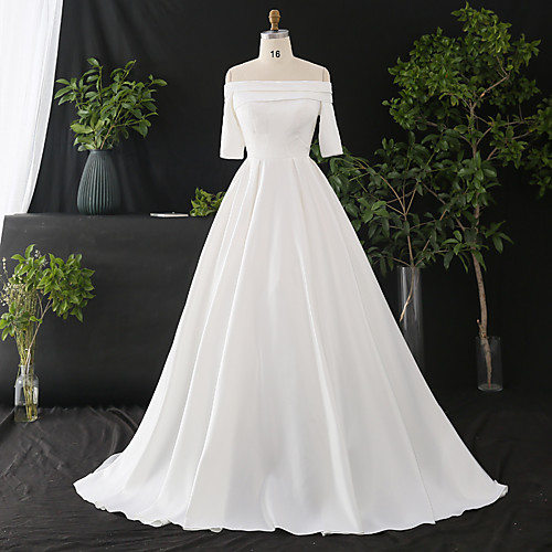 

A-Line Wedding Dresses Off Shoulder Court Train Satin Half Sleeve Simple Elegant with Ruched 2021