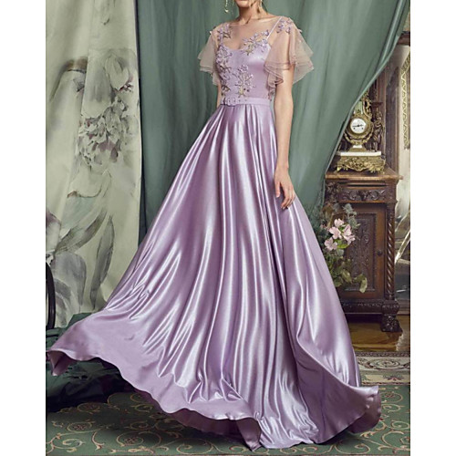 

A-Line Elegant Cut Out Engagement Prom Dress Illusion Neck Short Sleeve Floor Length Charmeuse with Pleats Appliques 2020