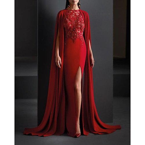 

Mermaid / Trumpet Elegant Cut Out Engagement Formal Evening Dress Jewel Neck 3/4 Length Sleeve Sweep / Brush Train Spandex with Split Appliques 2020