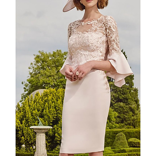 

Sheath / Column Mother of the Bride Dress Elegant Jewel Neck Knee Length Lace Satin Long Sleeve with Appliques 2020
