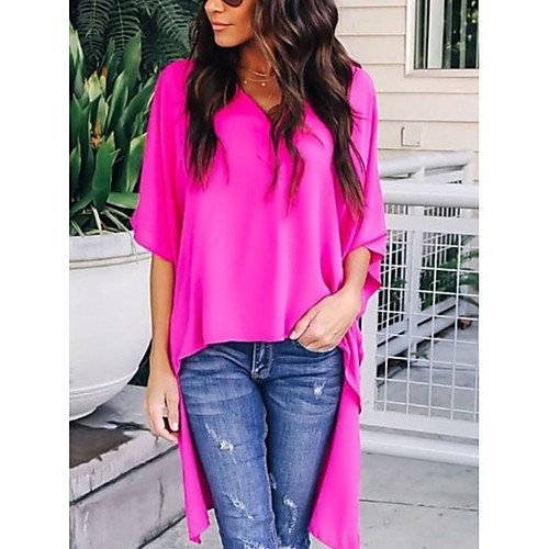 

Women's Blouse Shirt Solid Colored V Neck Tops Basic Top Red