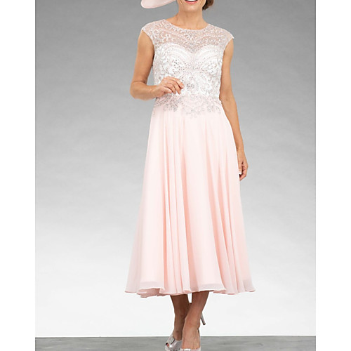 

A-Line Mother of the Bride Dress Elegant Jewel Neck Ankle Length Chiffon Lace Sleeveless with Pleats Beading 2020