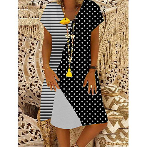 

Women's A-Line Dress Knee Length Dress - Short Sleeves Polka Dot Stripes Summer V Neck Casual Boho Daily Vacation 2020 Black M L XL XXL XXXL