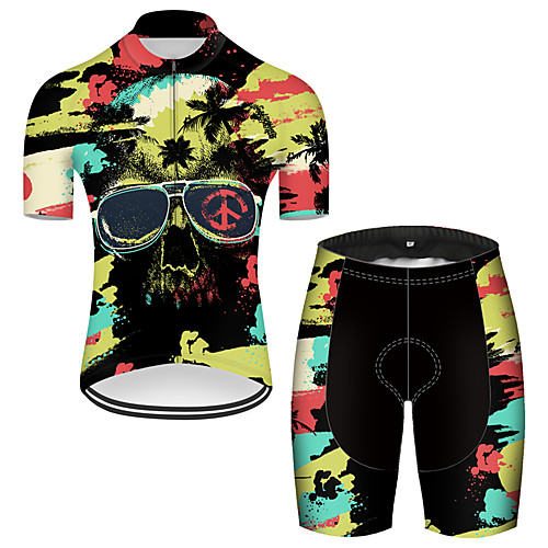 

21Grams Men's Short Sleeve Cycling Jersey with Shorts Nylon Polyester Black / Yellow Novelty Skull Peace & Love Bike Clothing Suit Breathable 3D Pad Quick Dry Ultraviolet Resistant Reflective Strips