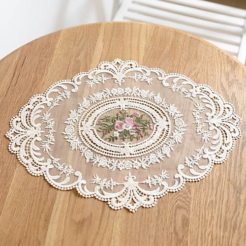 

Placemat polyester fibre Flower Embroidery Floral Tabel cover Table decorations for Daily Desk Round 4232 cm White 1 pcs