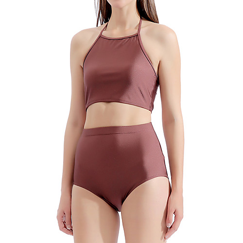 

Women's Halter Neck Halter Briefs Tankini Swimwear Swimsuit - Solid Colored Lace up S M L Brown