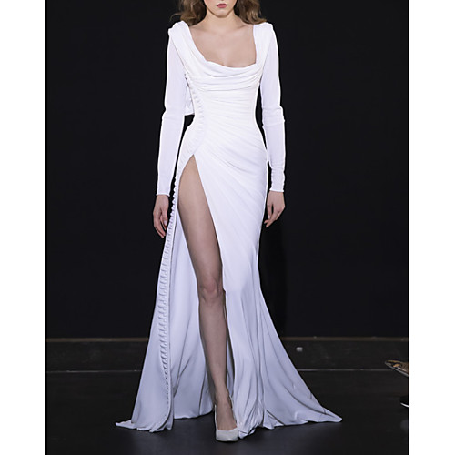 

Sheath / Column Celebrity Style Elegant Engagement Formal Evening Dress Scoop Neck Long Sleeve Court Train Spandex with Ruched Split 2021