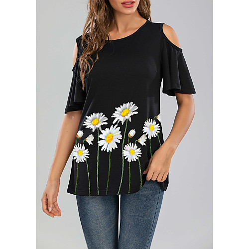 

Women's T-shirt Floral Graphic Daisy Tops - Print Round Neck Basic Daily Black M L XL 2XL 3XL