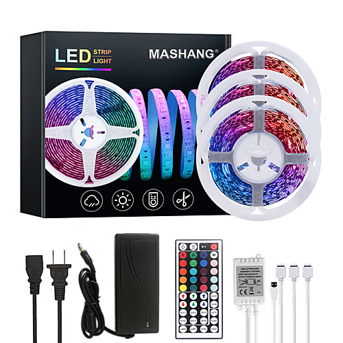 

15M(3x5M) LED Strip Lights RGB Tiktok Lights 900LEDs Flexible Color Change SMD 2835 with 44 Keys IR Remote Controller and 100-240V Adapter for Home Bedroom Kitchen TV Back Lights DIY Deco