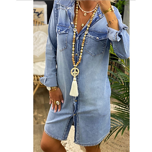 

Women's Shirt Dress Knee Length Dress - Long Sleeve Solid Color Summer Casual Chinoiserie 2020 Light Blue S M L XL XXL XXXL