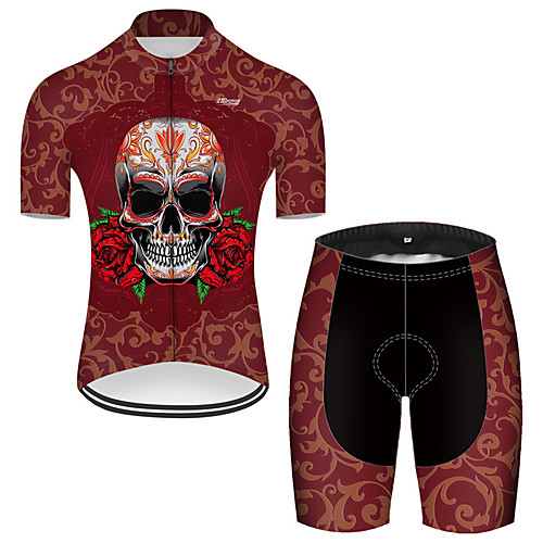 

21Grams Men's Short Sleeve Cycling Jersey with Shorts Nylon Polyester Red Novelty Skull Floral Botanical Bike Clothing Suit Breathable 3D Pad Quick Dry Ultraviolet Resistant Reflective Strips Sports