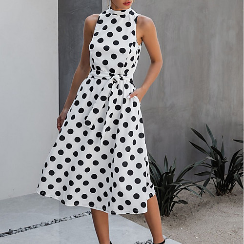 

Women's A-Line Dress Knee Length Dress - Sleeveless Polka Dot Summer Work 2020 White Black S M L XL XXL
