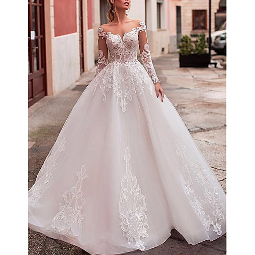 

A-Line Wedding Dresses Jewel Neck Sweep / Brush Train Lace Tulle Long Sleeve Formal Sexy See-Through Backless with Embroidery Appliques 2020