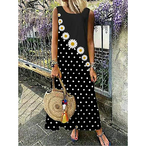 

Women's Maxi long Dress Black Blue Yellow Red Green Sleeveless Daisy Floral Polka Dot Print Summer Round Neck Hot Casual 2021 M L XL XXL 3XL