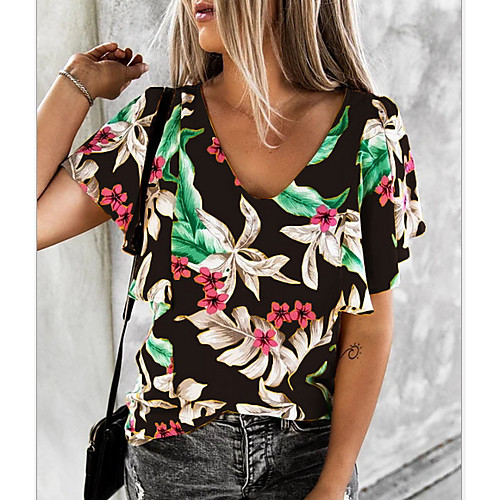 

Women's T-shirt Floral Tops V Neck Daily Black Purple Yellow Green Navy Blue Gray S M L XL 2XL 3XL 4XL 5XL