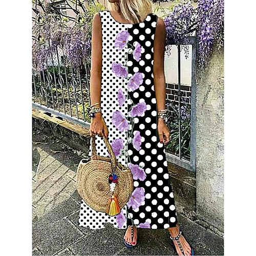 

Women's Shift Dress Maxi long Dress - Sleeveless Polka Dot Floral Print Summer Casual Daily 2020 White M L XL XXL XXXL