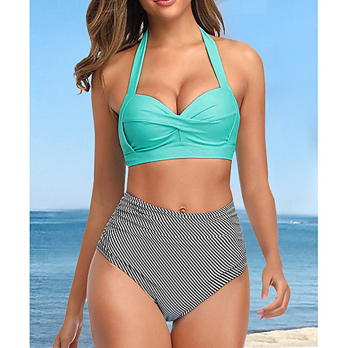 

Women's Bikini Swimsuit High Waist Push Up Geometric Light Blue White Black Red Yellow Swimwear Bathing Suits Vintage